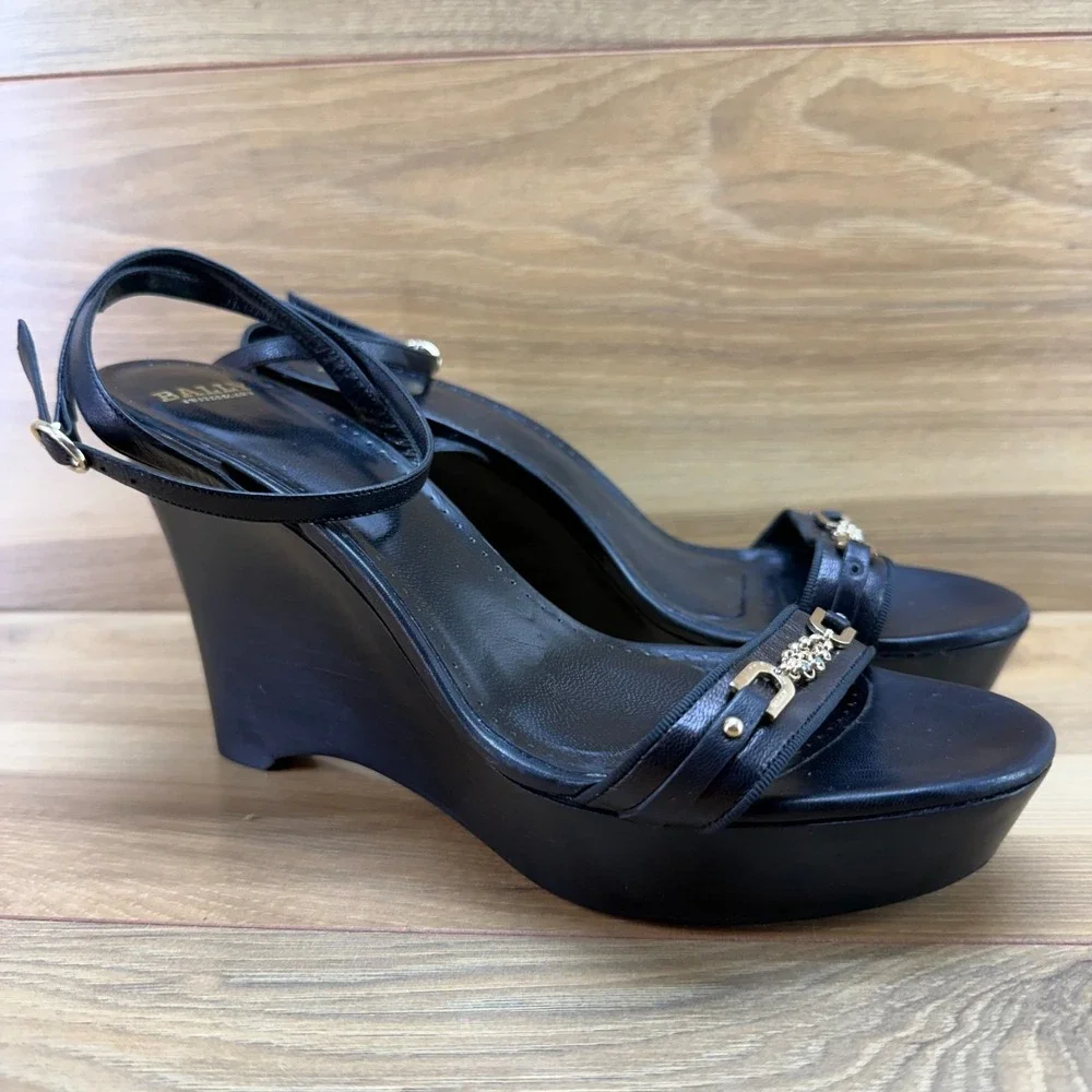 Bally Mapple Wedge Heel 9.5 EU 39.5 Black Leather Ankle Strap Platform Chunky